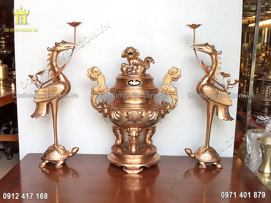 Bộ tam sự đỉnh hạc bằng đồng đỏ nguy&ecirc;n chất h&agrave;ng cao cấp